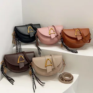 Women's Saddle Bag Multi-color PU Leather Crossbody Bag with Metal Buckle Decor