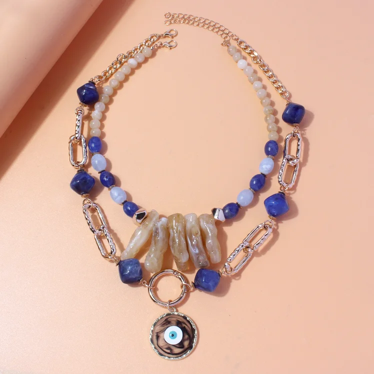New Design Multilayer Multicolored Resin Acrylic Beads Link Collar Necklace for Women Statement Blue Eye Pendant Choker Necklace