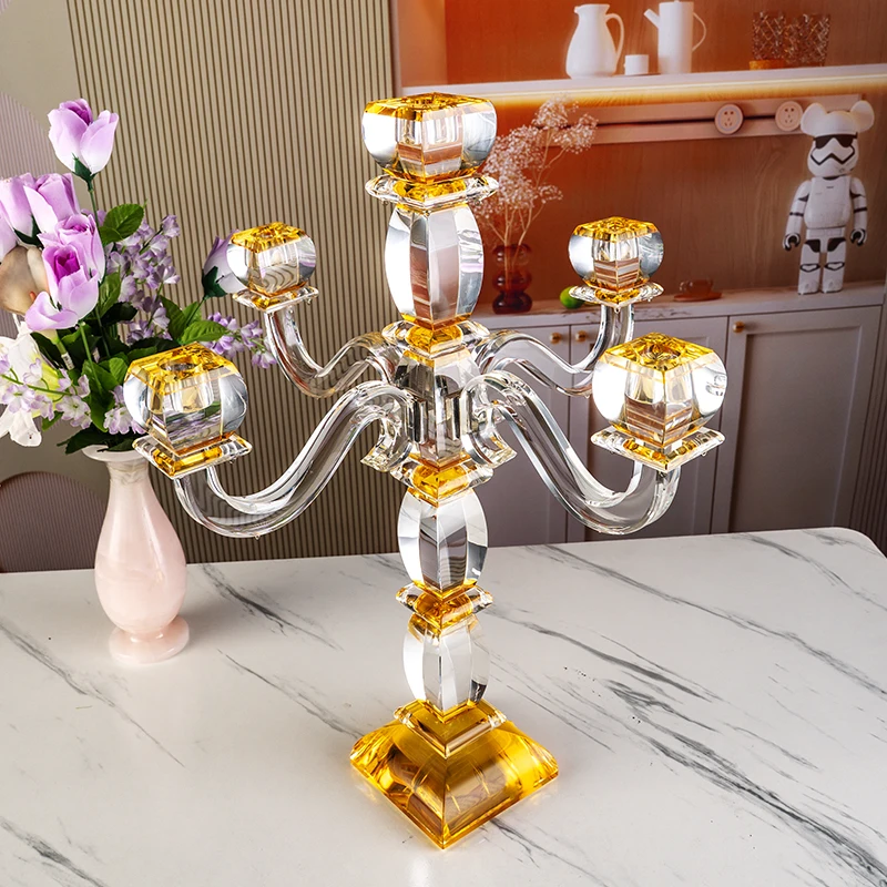 Petit Pont Quatre Bras Dorés Poignée Longue Hauteur Luxe Verre Décoration Mariage Maison Porte-Bougie Cristal