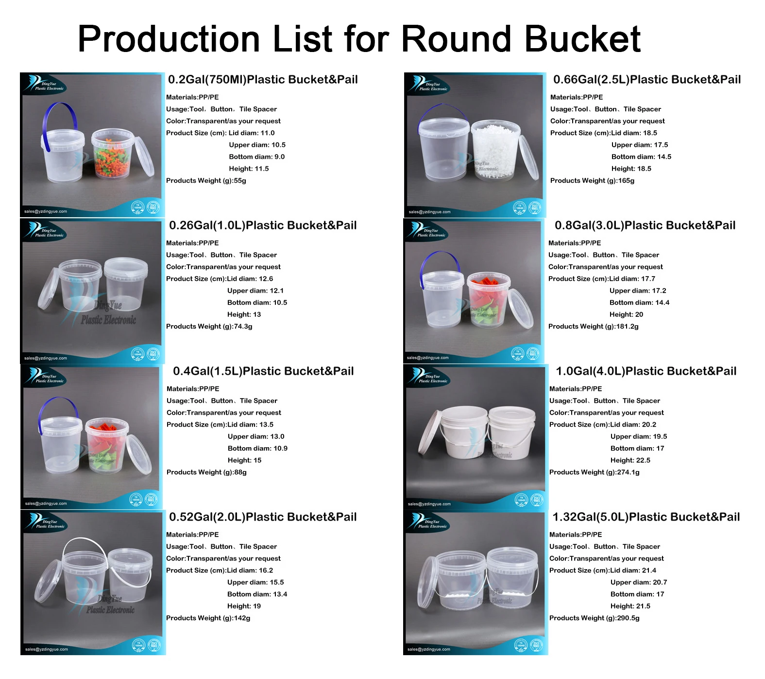 20l 25l Food Grade 5 Gallon 7 Gallon 750ml Clear Plastic Buckets With
