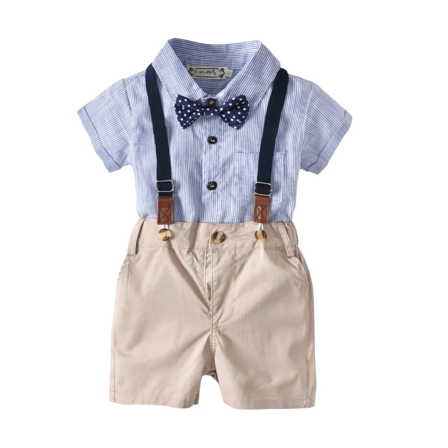 Baby Boys Gentleman Outfits Suits Infant Blue Shirt+Bib Shorts+Tie+Suspenders Clothing Set 