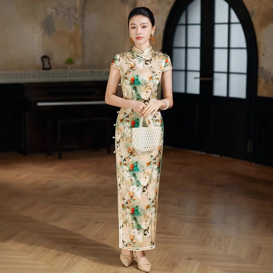 green emerald velvet dress Elegant Floral Qipao Dress by S