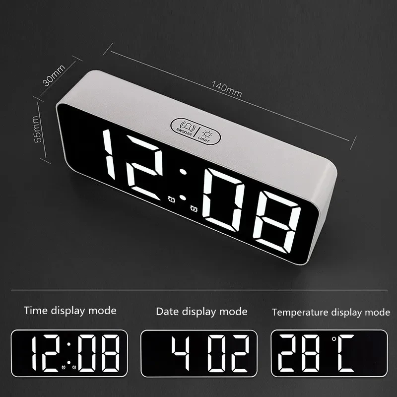 LED Mirror Alarm Clock Digital Snooze Table Clock Wake up Light Electronic Large Time Temperature Display Home Decoration Clock
