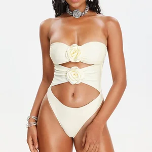 Elegant Strapless One-Piece Swimsuit with Crystal Applique and Cut-Out Design