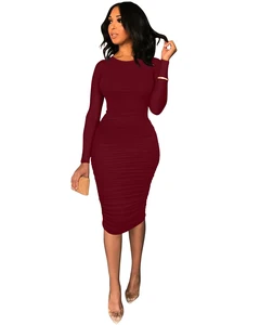 Autumn Casual Female Bodycon Midi Party Dresses Elegant Basic Long Sleeve Ruched Sexy Bodycon Natural Fashionable Straight