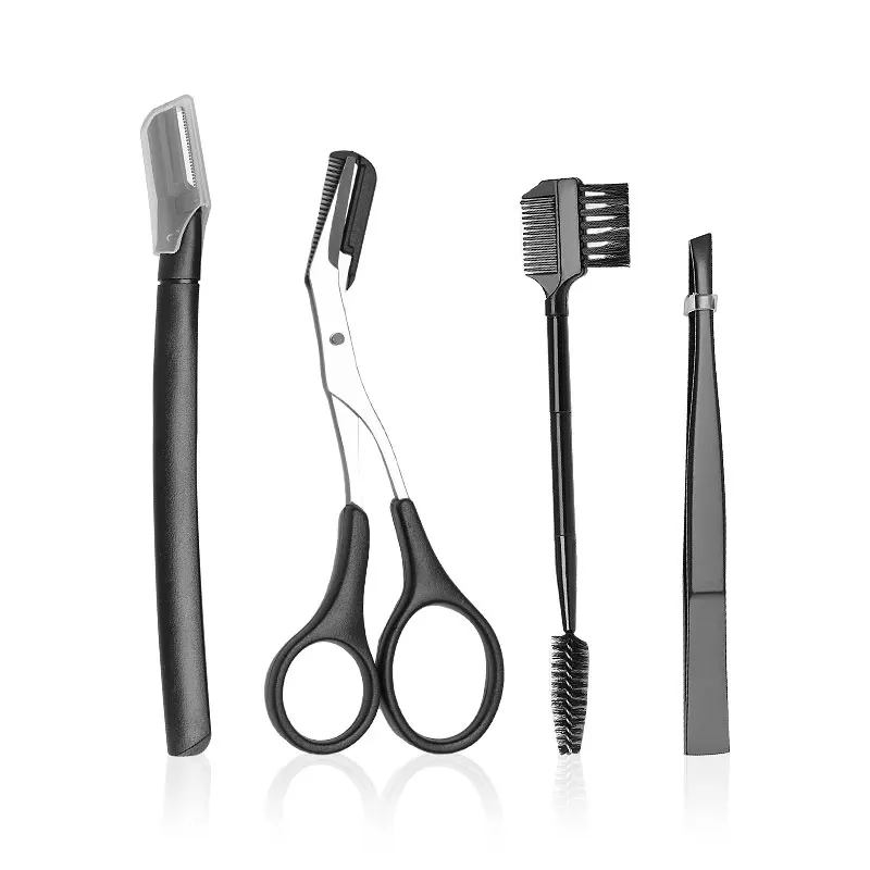 4Pcs Black Pink Beauty Makeup Kit with Pointed Tip Tweezers Extension Scissor Razor Eyebrow Eyelash Brush for Eyebrow Grooming H31db5cb7c1374cd190b81f51890c300dG