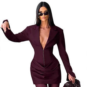 Foreign Trade European American Women's Autumn Winter New Solid Color Sexy Deep V-Neck Pleated Waist Slimming Elegant Suit