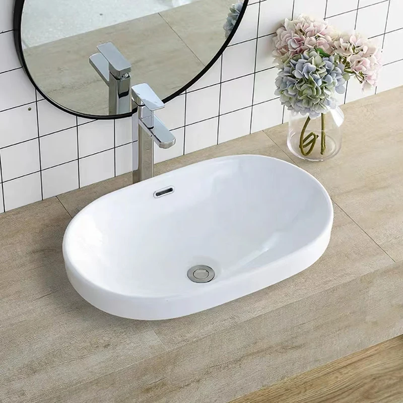 Oval White Semi Recessed Ceramic Art Wash Basin Sink Bathroom Cabinet Above Counter Basin