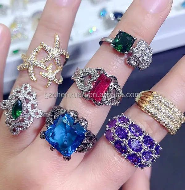 Wholesale Jewelry Luxury Women Ring Gemstone Crystal Stone Mixed Color
