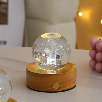 Creative 3D Laser LED Night Light Carved Whale Jellyfish Decorative Wooden Base Luminous Crystal Ball for Bedroom 6 cm Night