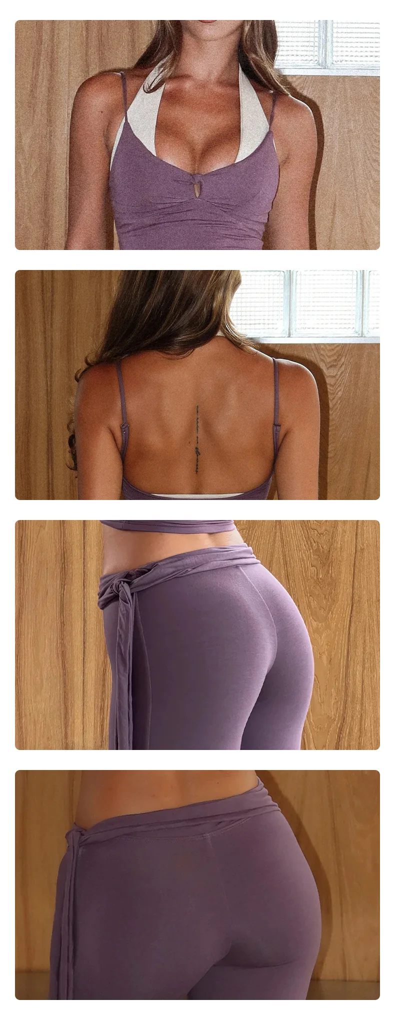 Yoga Halter Crop and Capri Leggings Set V Neck Self Tie Waist Four Way Stretch Quick Dry Activewear — detail