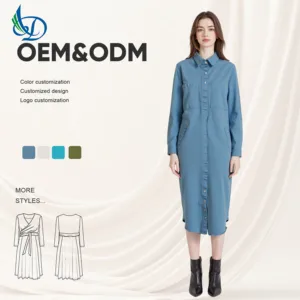 Women's Casual Dress with Long Buttons and Decorative Long Skirt, Solid Color Blue Denim, Spring and Autumn Casual Wear