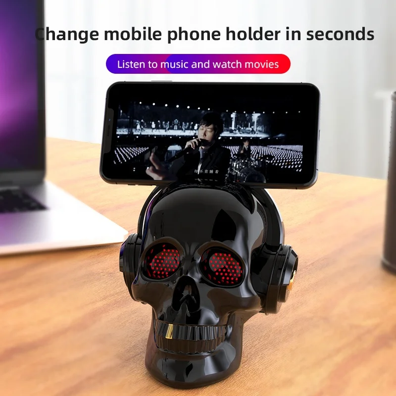 Portable Skull Head bluetooth Speaker  Colorful Lights Halloween Mobile Phone Bracket Audio Wireless Lucky Skull  Speaker