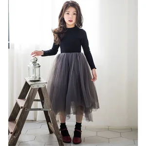 Autumn Princess Dress for Girls 2-11 Years Old Version Children's Cotton Sheer Lace O-Neck Dress Solid Pattern