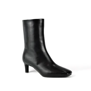 Women's Black Leather Square-Toe Ankle Boots-Classic Fashion Slim Kitten Heel 6cm Height Increasing Elegant Daily Office