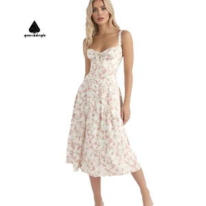 Customize Quality Women Floral Print Wide Strap Midi Dress Corset Bust Fitted Waist Vintage Romantic Style Casual Dress