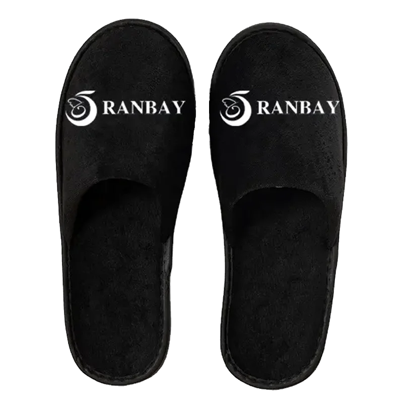 Custom plush Black Disposable Hotel Slippers with logo