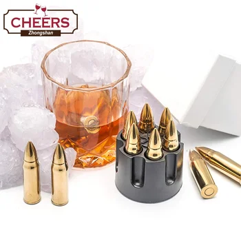 Set of 6 Gold Whiskey Stones Extra Large With Freezer Base, Bullet Shaped  Premium Stainless Steel Reusable Chilling Ice Cubes Rocks 