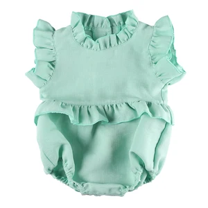 Breathable Linen Cotton Baby Romper: Ruffled Neck, Flutter Sleeves, One-Piece for Daily Wear & Summer