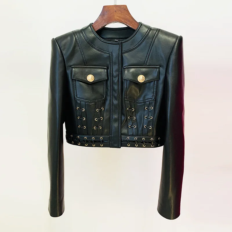 New Ready to Ship or Custom High Quality Fashion Two Pieces Black PU Leather Skirt and Jacket Suits Set Women