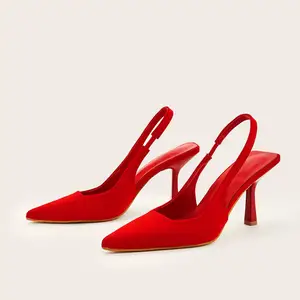 BUSY GIRL CXX203 Spring and Summer New Wine Red Pointed Stiletto High Heel Shoes Back Empty Closed Toe Sandals for Women