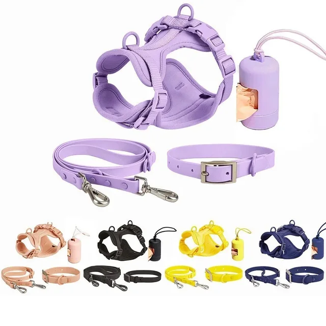 New hot selling  Luxury Waterproof PVC Neoprene Pet Poop Bag Dispenser Dog Harness Set Leash Collar Set For Dog