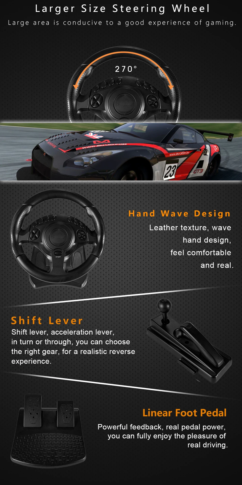 Cstar Adjustable Sensitivity Wired Car Racing Steering Wheel Gaming