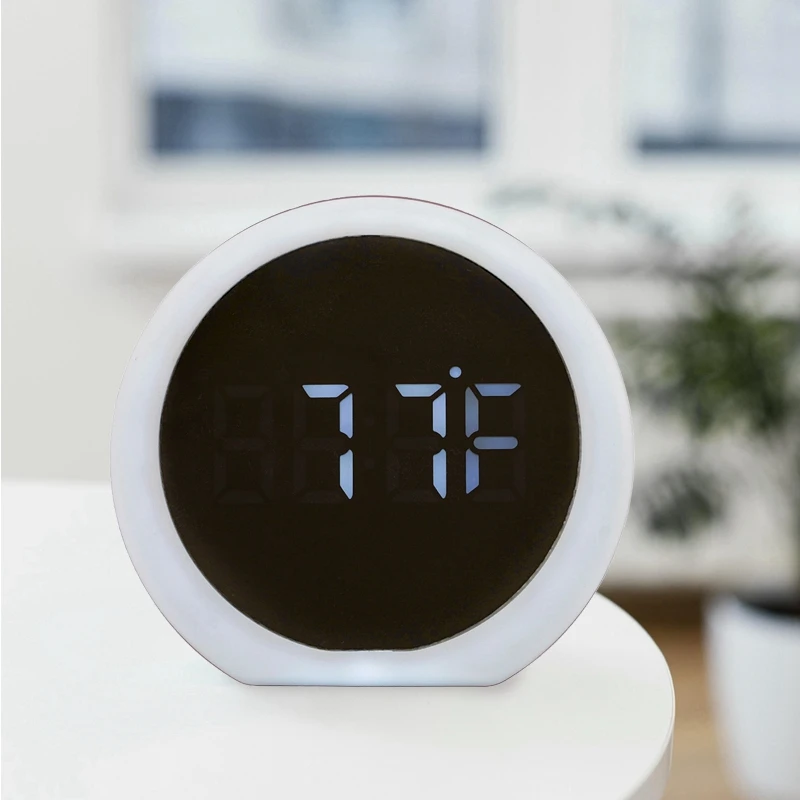 Modern Decor Round Makeup Mirror Lighted Large Display Easy Setting Auto Dimming USB Port Digital Alarm Clock for Office Gift