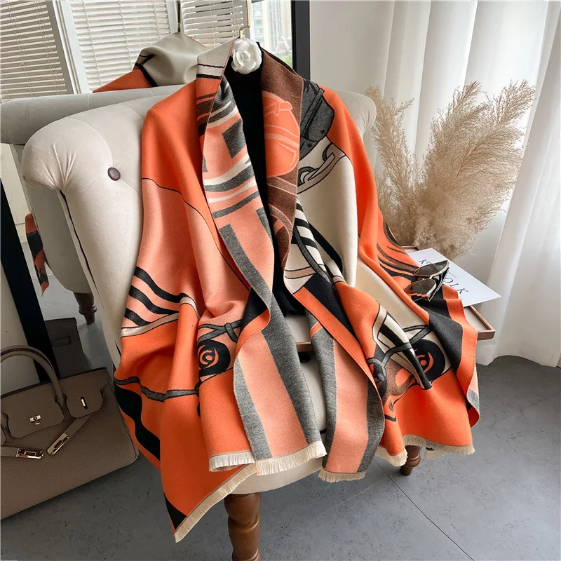 2022 Luxury Thick Designer Brands Scarves For Women Oversized Winter Cashmere Chain Horse