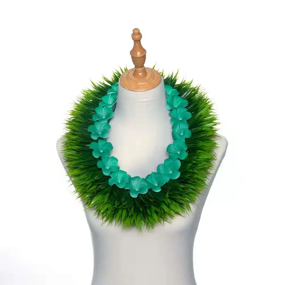Artificial Silk Grass of Spring & Foam Plumeria Short Lei KN-hls004 64CM Hawaii Flower Necklace Festival Neck Ring Party Wreath