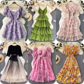 Factory hot selling high quality vintage Fairy chiffon long dress French party MIDI dress Fluffy skirt casual women's dress