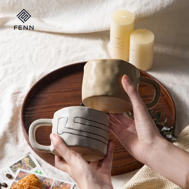 FENN Custom Vintage Country Design Wholesale Handmade Irregular Porcelain Clay Cup Ceramic Coffee Mugs Pottery Cup with Saucer