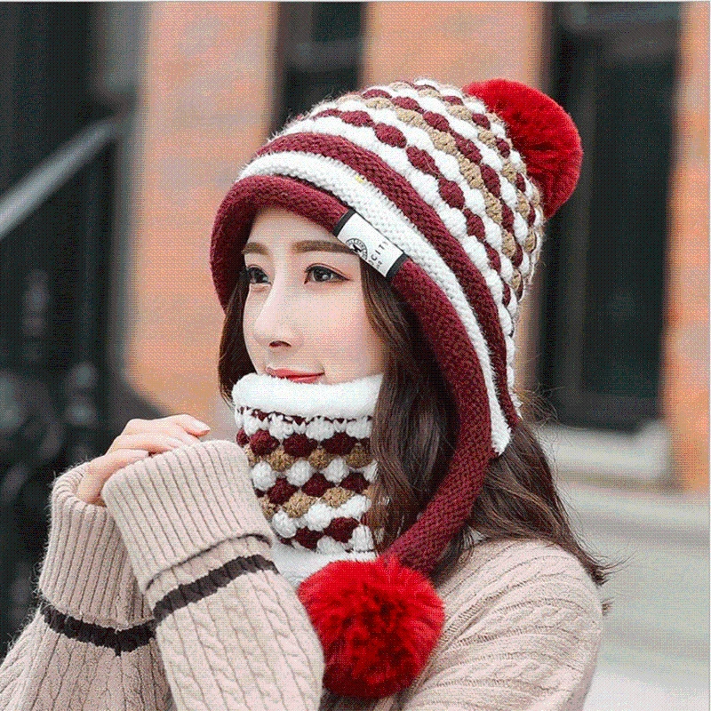 Fleece Ears Protection Cap Women’s Winter Warm Hoodie Neck Warmer Cycling Women’s Sweet Cute Knitting Woolen Cap