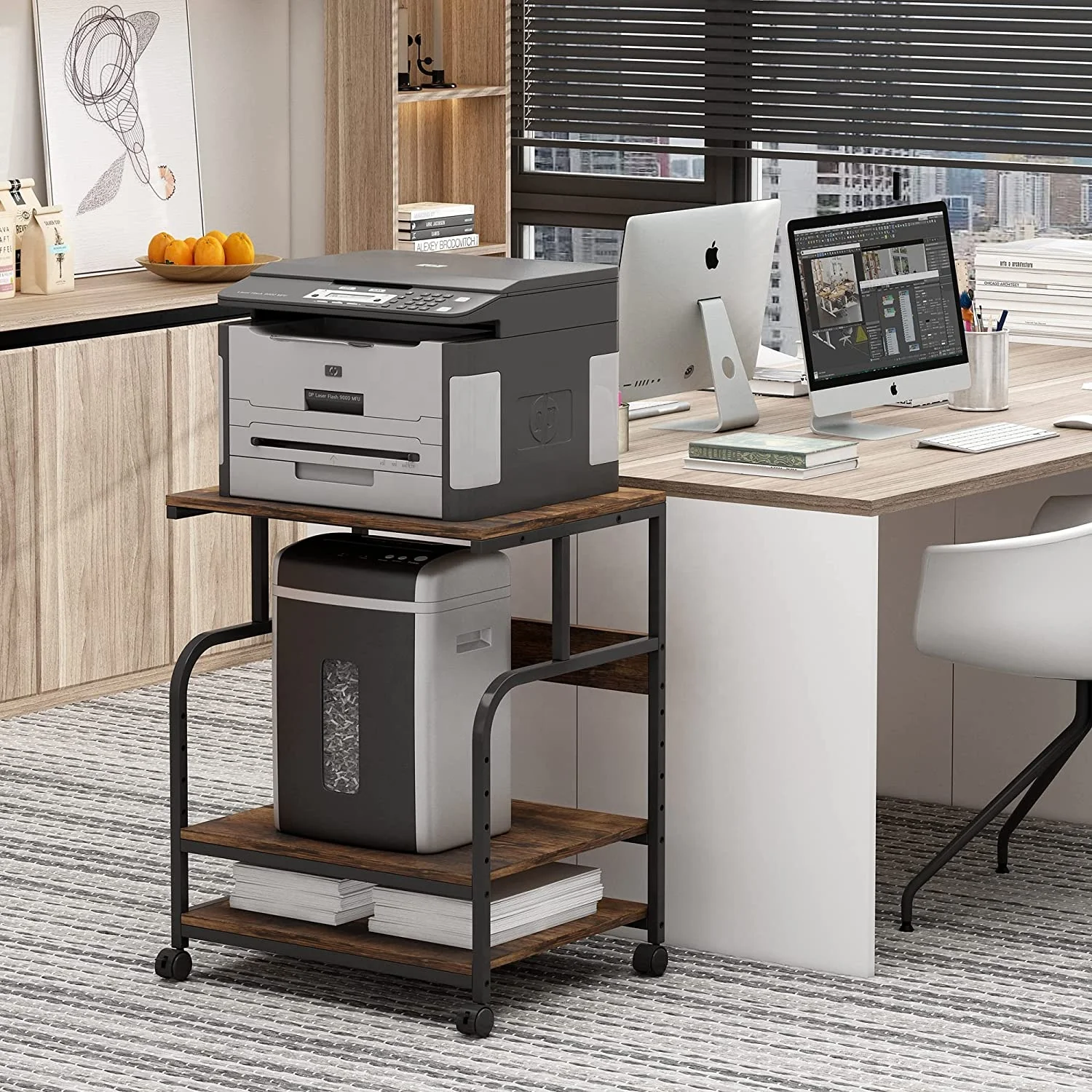 VidaXL Printer Stand With Wheels - Mobile Office Cart With Storage In Smoked Oak