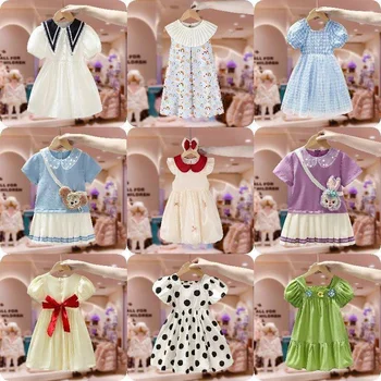 New summer solid color dress kids cotton princess clothes baby girls puff sleeve ruffle dresses