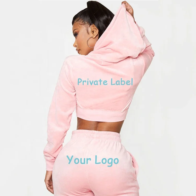 Custom Jogger Two Piece Set Cropped Sweatshirt Velour Crop Top Jogging Suit Pink Female Velvet Women Hoodies Tracksuit Sets