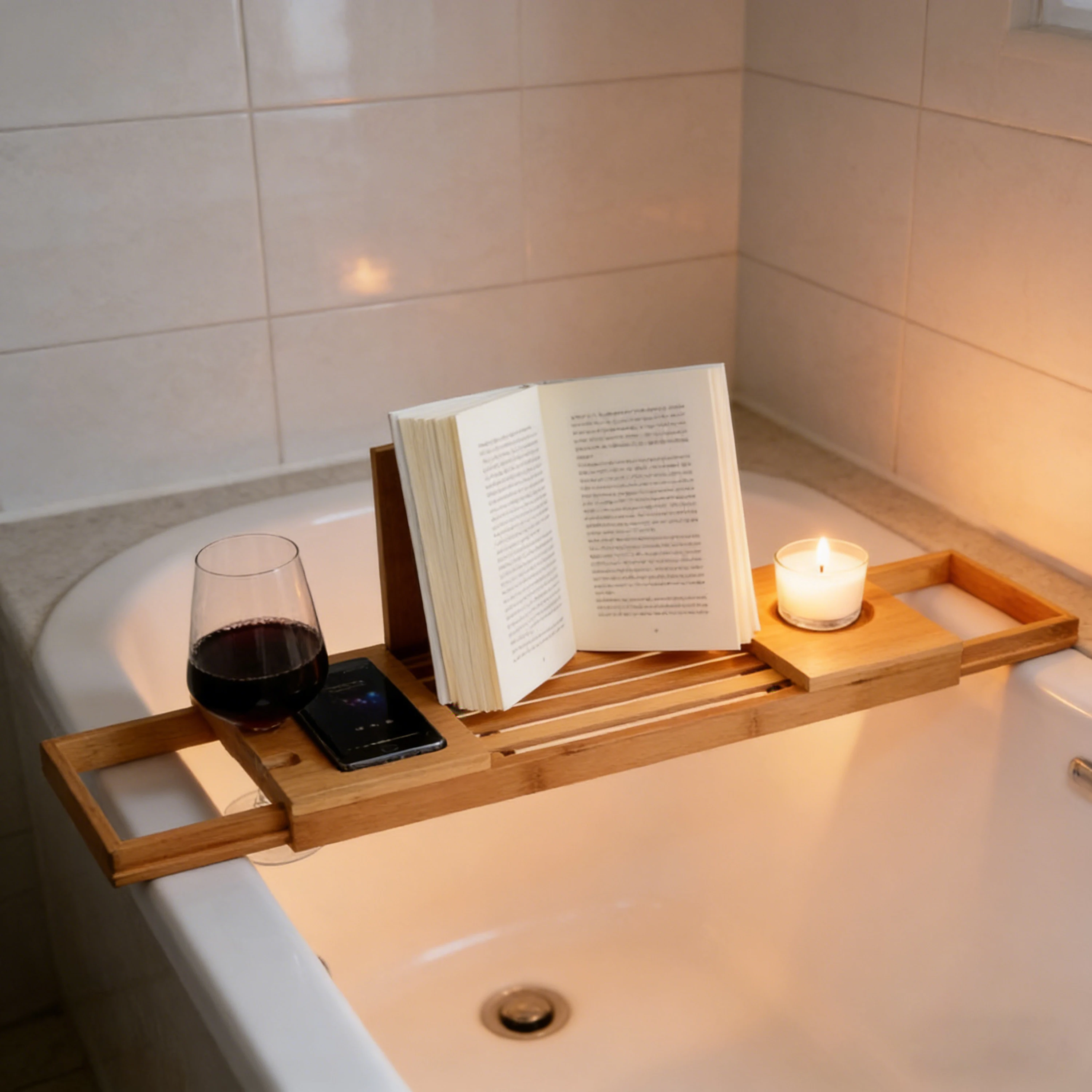 Bamboo Bathtub Caddy Extendable Bath Tray with Wine Glass Phone Book Holder Luxury Spa Bathroom Organizer for Relaxing Bath
