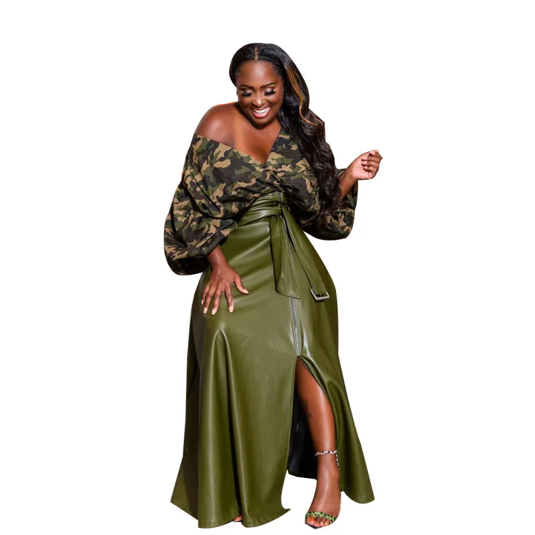 BR3592 Sexy Fashion PU Leather Split Half-length Large Swing Dress