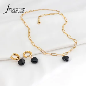 Fine Jewelry High Quality Oval Link Chain Natural Stone Heart Drop Ladies Necklaces Set With Earring Jewelry for Women