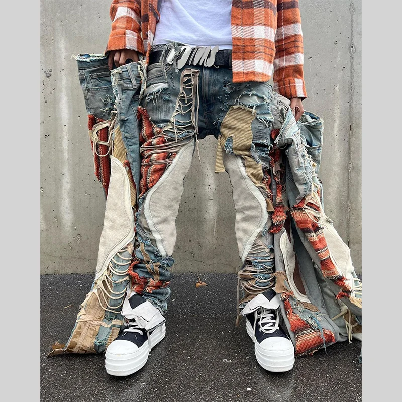 DiZNEW American street motorcycle spliced holes heavy worn embroidery men's jeans with hip hop loose straight leg stretch pants factory