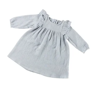 Wholesale Girls Dress  Kids Clothes Child Solid Blue Long Sleeve O-Neck With Button Dress