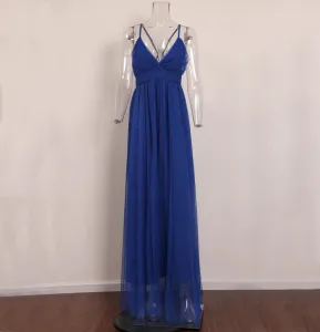 New LNSK Evening Dresses Sexy Blue V-neck Camisole Dress for Ladies, Elegant Evening Gown