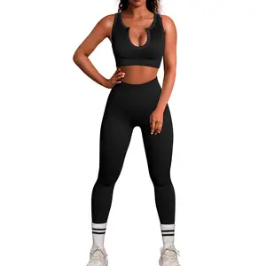 High Quality Women's Ribbed Yoga Set Breathable Two-Piece Gym Outfit Plus Size Seamless Elastic Waist OEM/ODM Accepted