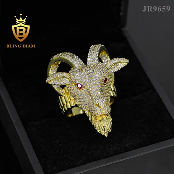 Luxury Hip hop Cuban Ring gold plated brass Zircon Ice out full Cz diamond sheep head ring 5A+ zircon hip hop ring for men