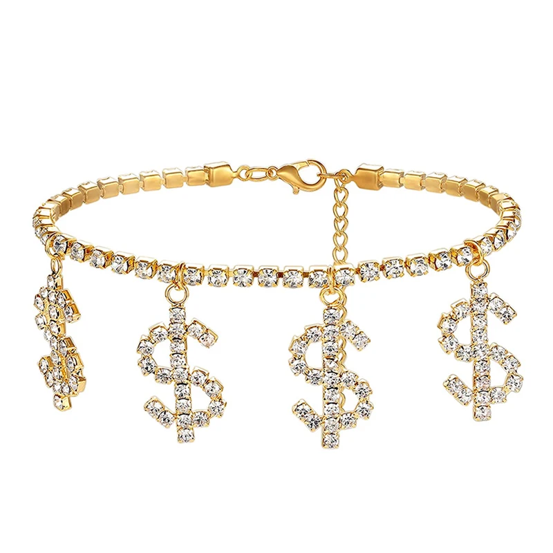 Wholesale Creative Iced Out Crystal Dollar Sign Charm Anklets For