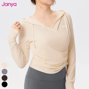 Janya High Elastic Loose Casual Fitness Tops V Neck Long Sleeve Sports Top Ruched Sides Plus Size Hooded Yoga T-shirt for Women