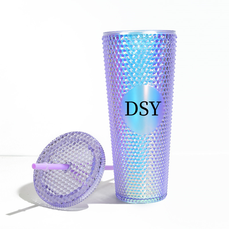 DSY BPA FREE 24oz Coffee Mug Double Wall Plastic Acrylic Shiny Matte Snow globe Studded Cups Tumbler with Straw and brush