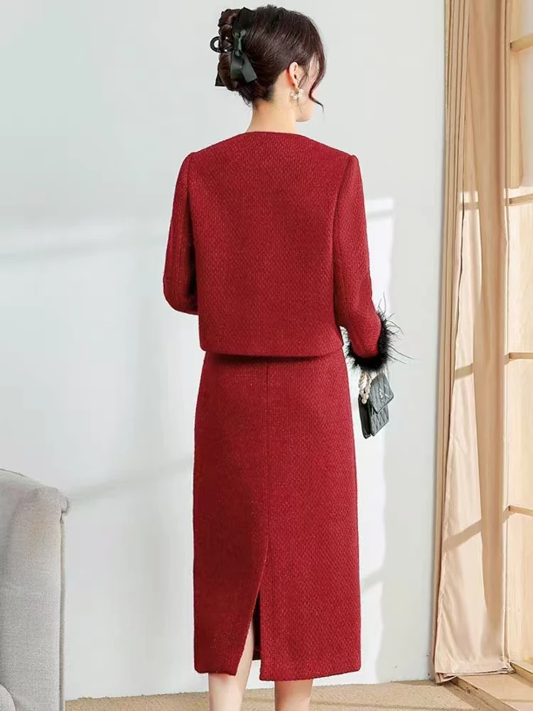 Women's New A-Line Two-Piece Plaid Dress for Autumn and Winter Lady Small Fragrant Wind Natural Waistline for Adults