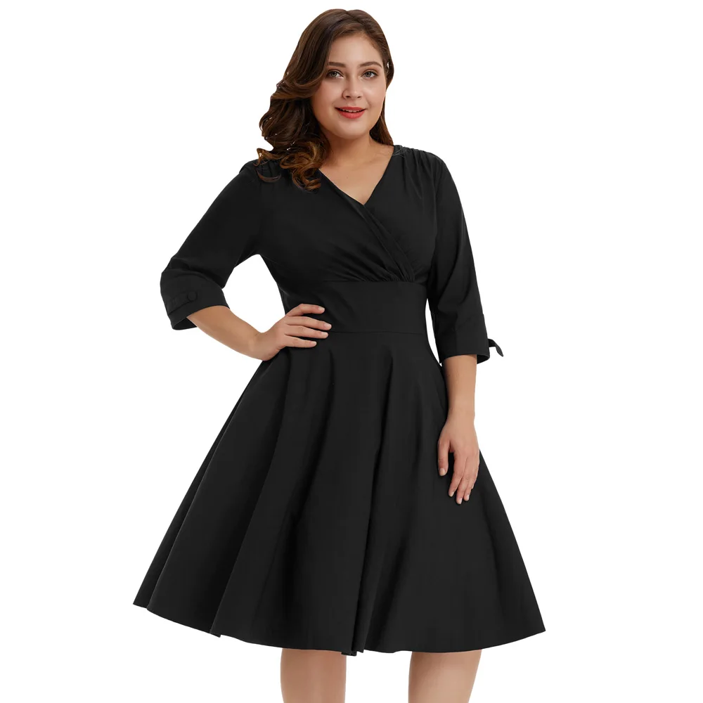 OEM Women's Plus Size Vintage Retro 3/4 Sleeve A-Line Black Swing Dress for  Casual Summer & Autumn Wear