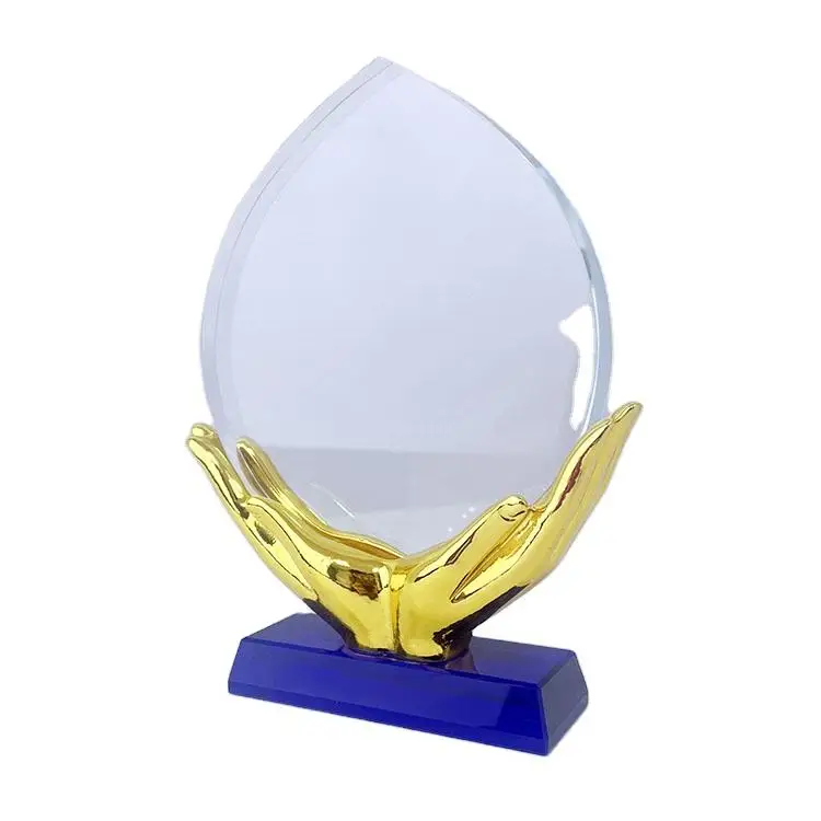 High Quality Handmade Custom Crystal Award Trophy Unique Design Resin Gold Hands on Small Bridge UV Printing Wholesale